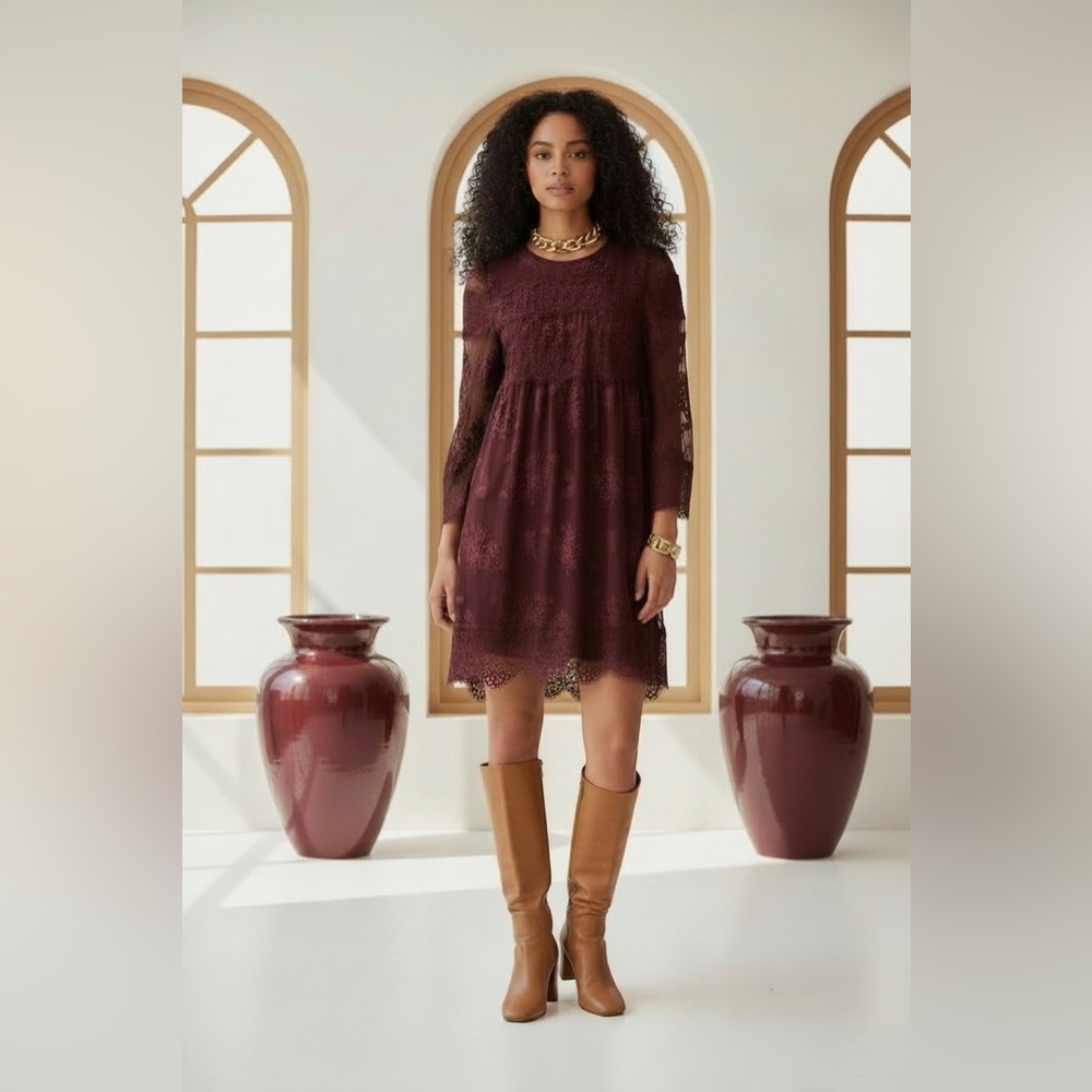 The Kooples Burgundy Lace Long-Sleeve Mini Dress